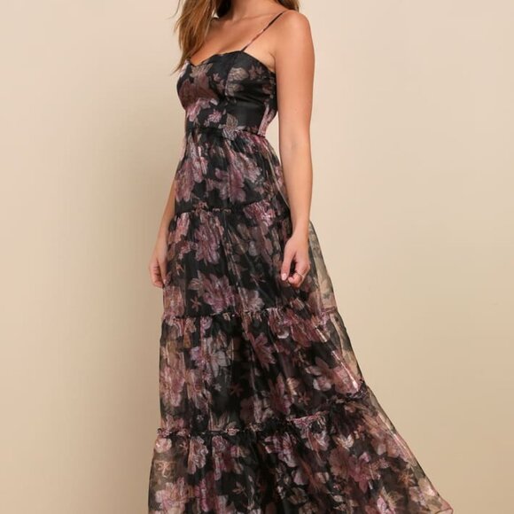 LULUS Exclusive Glamour Black Floral Organza Tiered Maxi Dress MEDIUM **NWOT** - Picture 4 of 5
